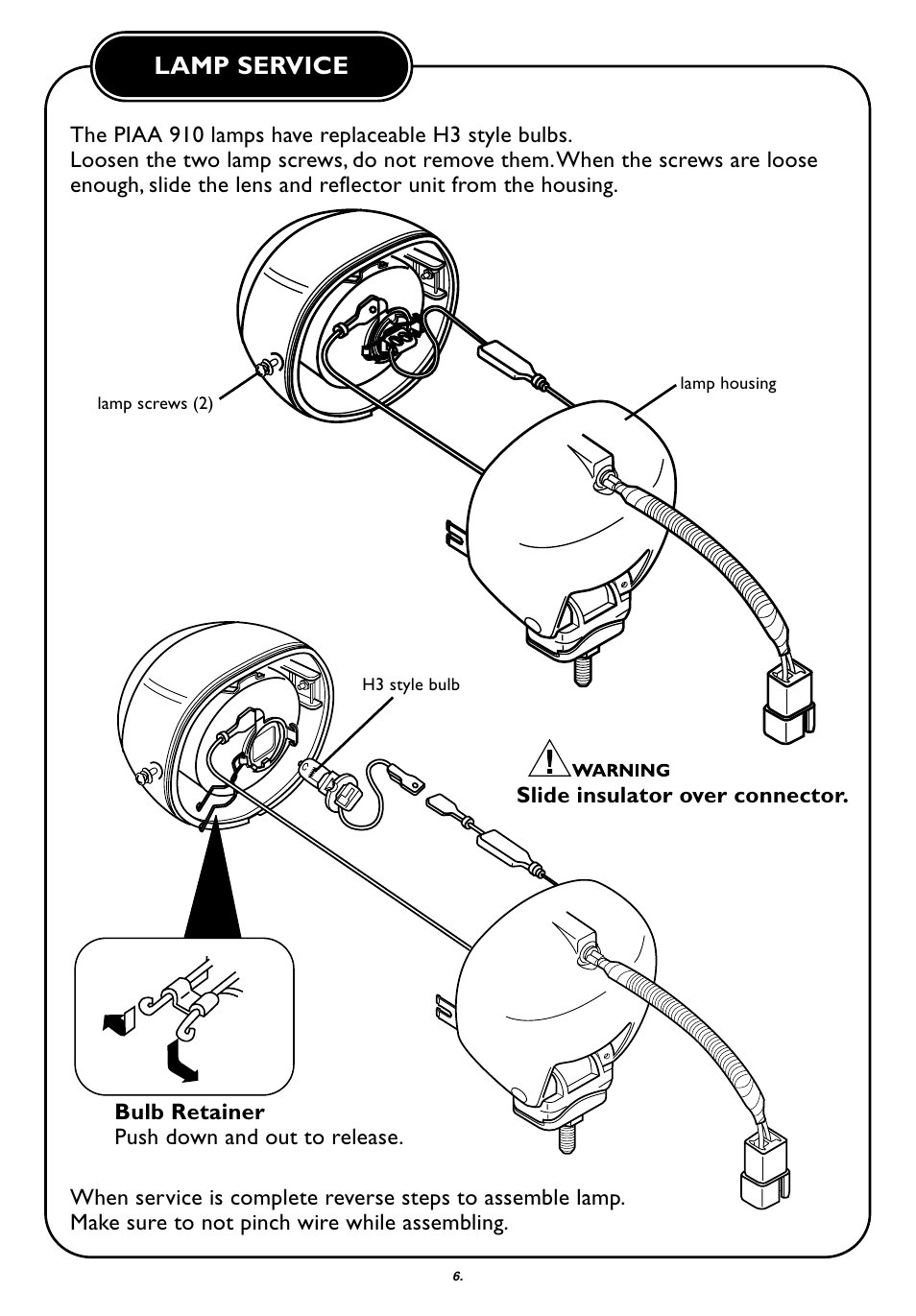 Lamp service | PIAA 910 Touring User Manual | Page 7 / 8