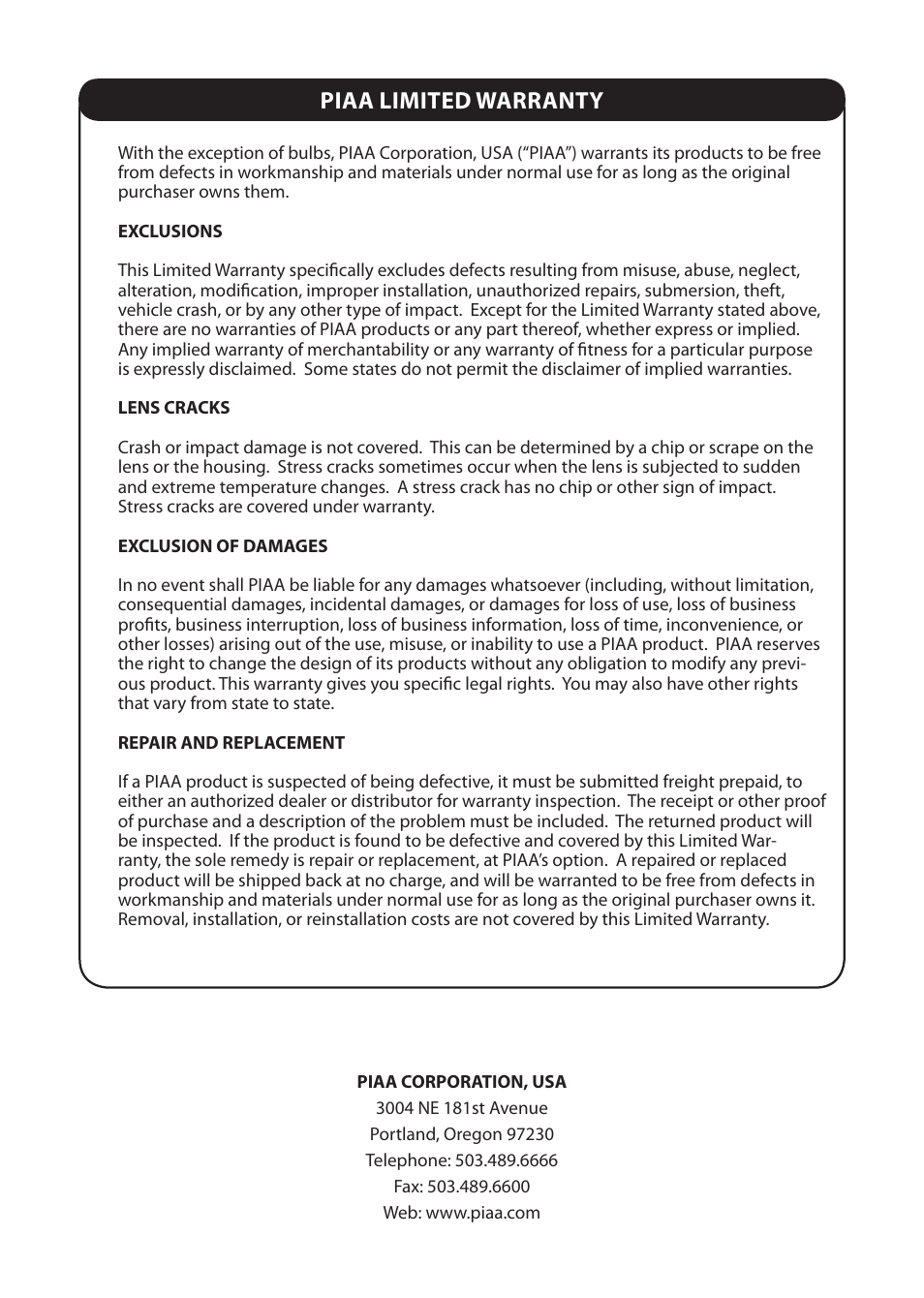 Piaa limited warranty | PIAA RS400 H.I.D. Shock Lamp User Manual | Page 12 / 12