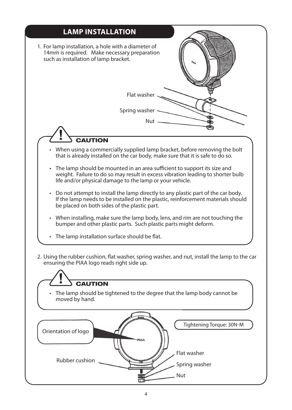 Lamp installation | PIAA RS400 H.I.D. Shock Lamp User Manual | Page 4 / 12