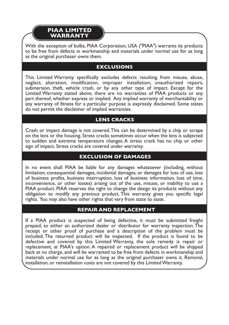 PIAA RS800 H.I.D. Shock Lamp User Manual | Page 10 / 11