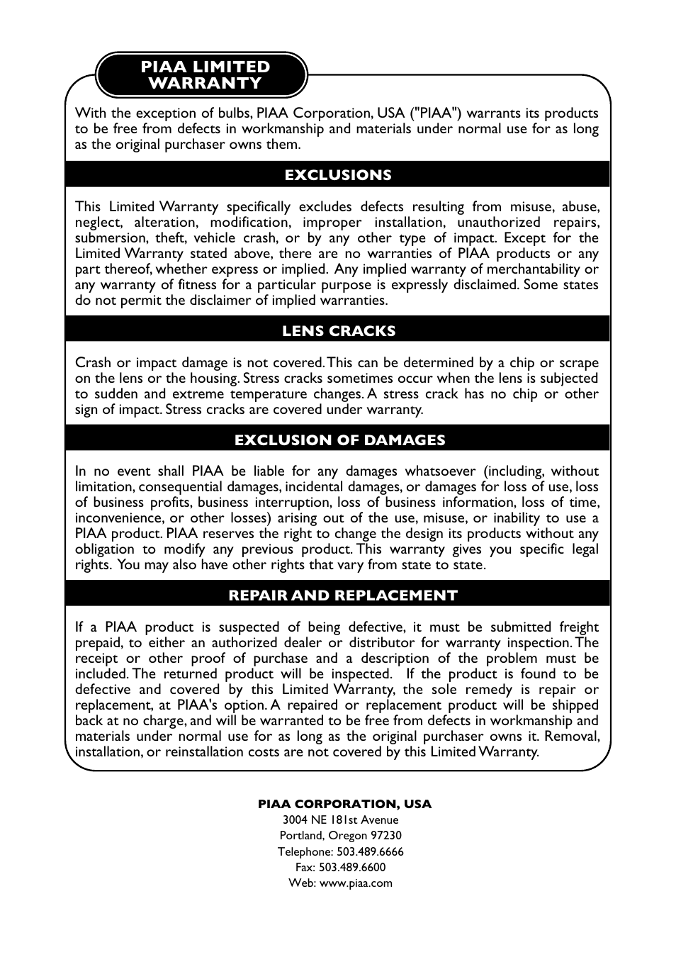 PIAA RS800 Halogen Shock Lamp User Manual | Page 8 / 8