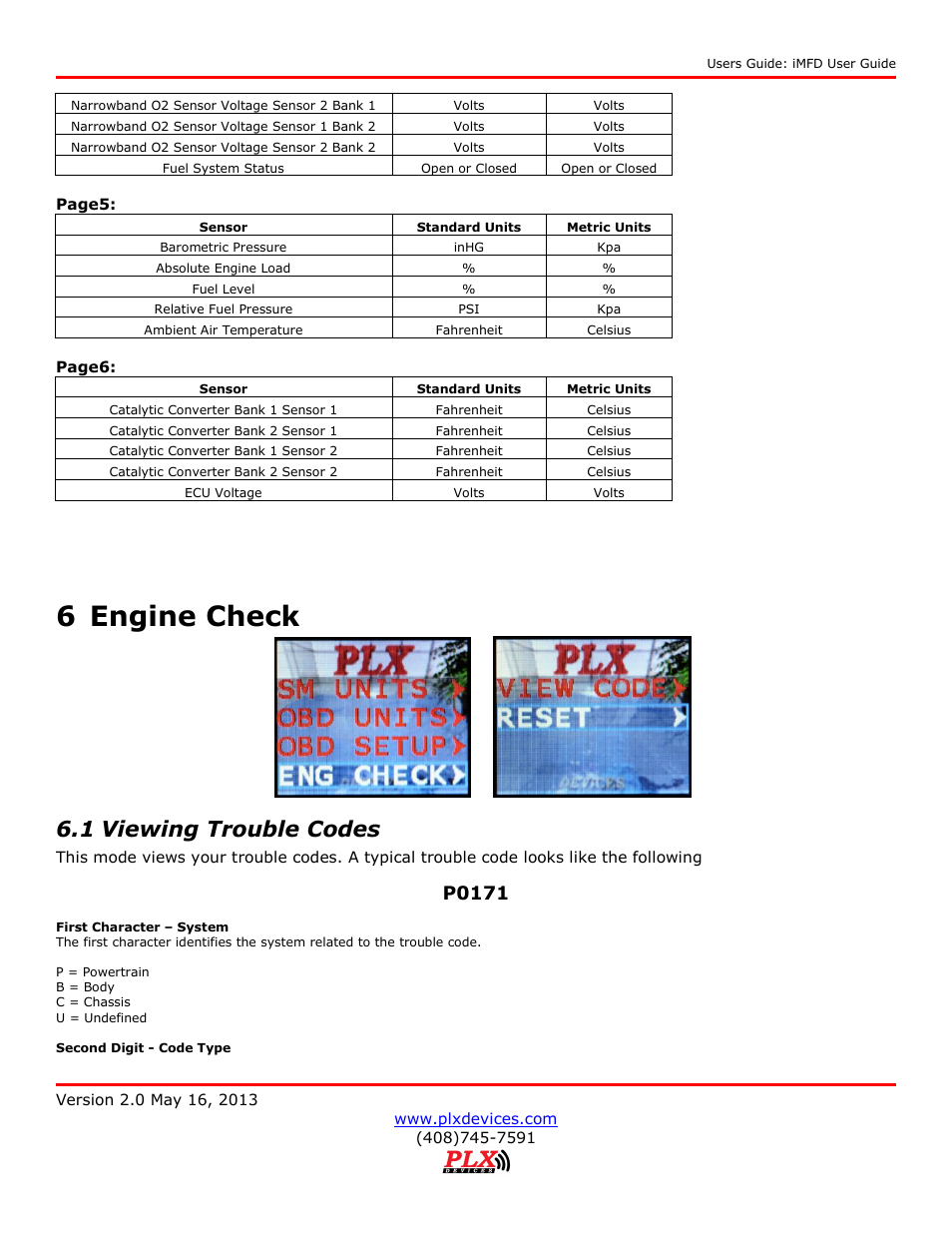 Engine check, Viewing trouble codes, 6 engine check | 1 viewing trouble codes, P0171 | PLX Devices DM-100 OBDII Touch User Manual | Page 18 / 23