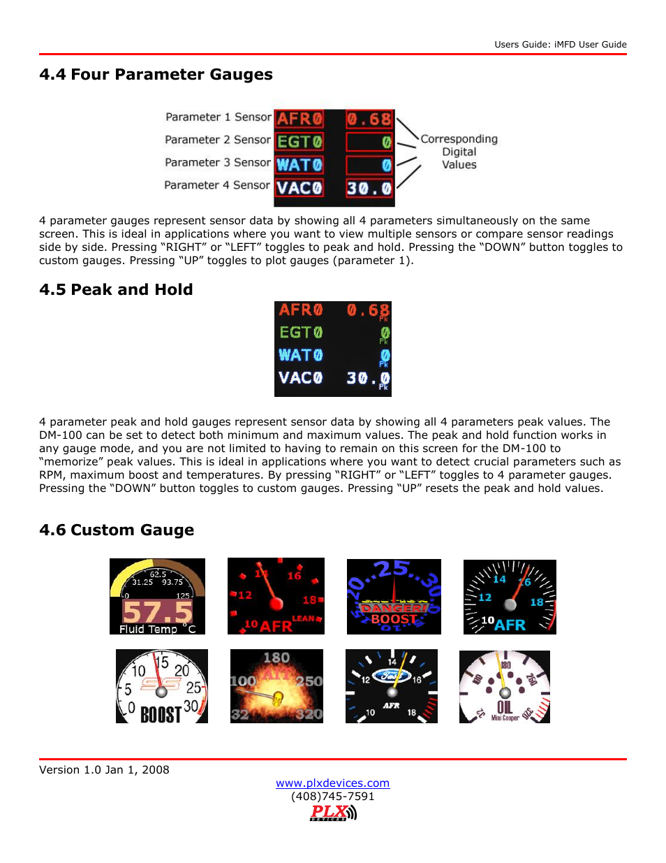 4 four parameter gauges, 5 peak and hold, 6 custom gauge | PLX Devices DM-100 OBDII User Manual | Page 16 / 24