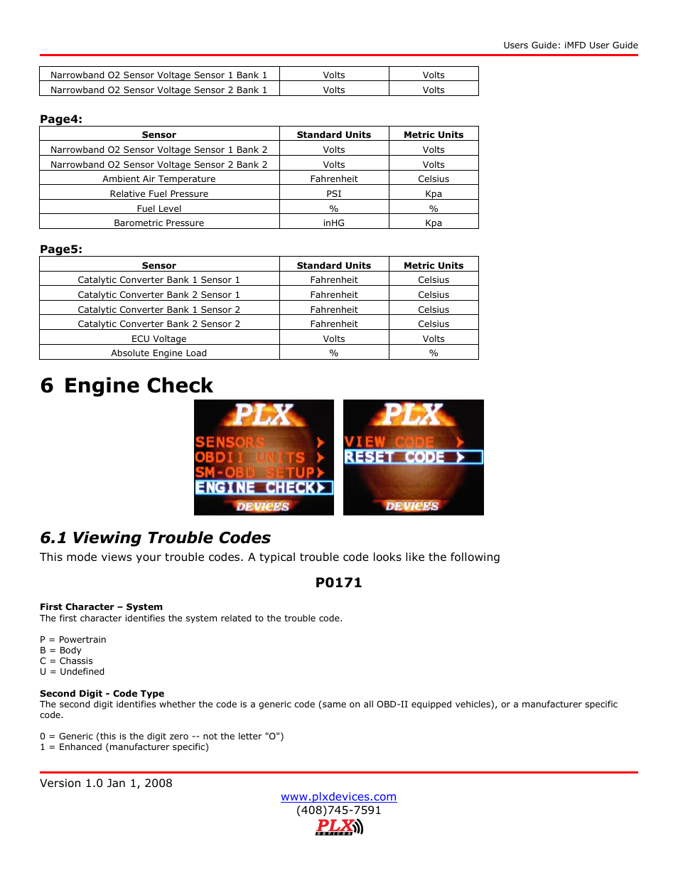 6 engine check, 1 viewing trouble codes, P0171 | PLX Devices DM-100 OBDII User Manual | Page 19 / 24