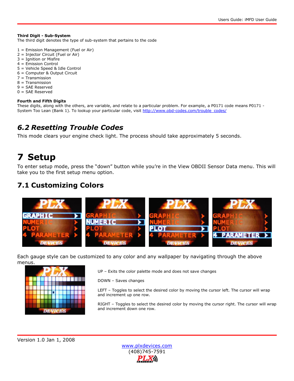 2 resetting trouble codes, 7 setup, 1 customizing colors | PLX Devices DM-100 OBDII User Manual | Page 20 / 24