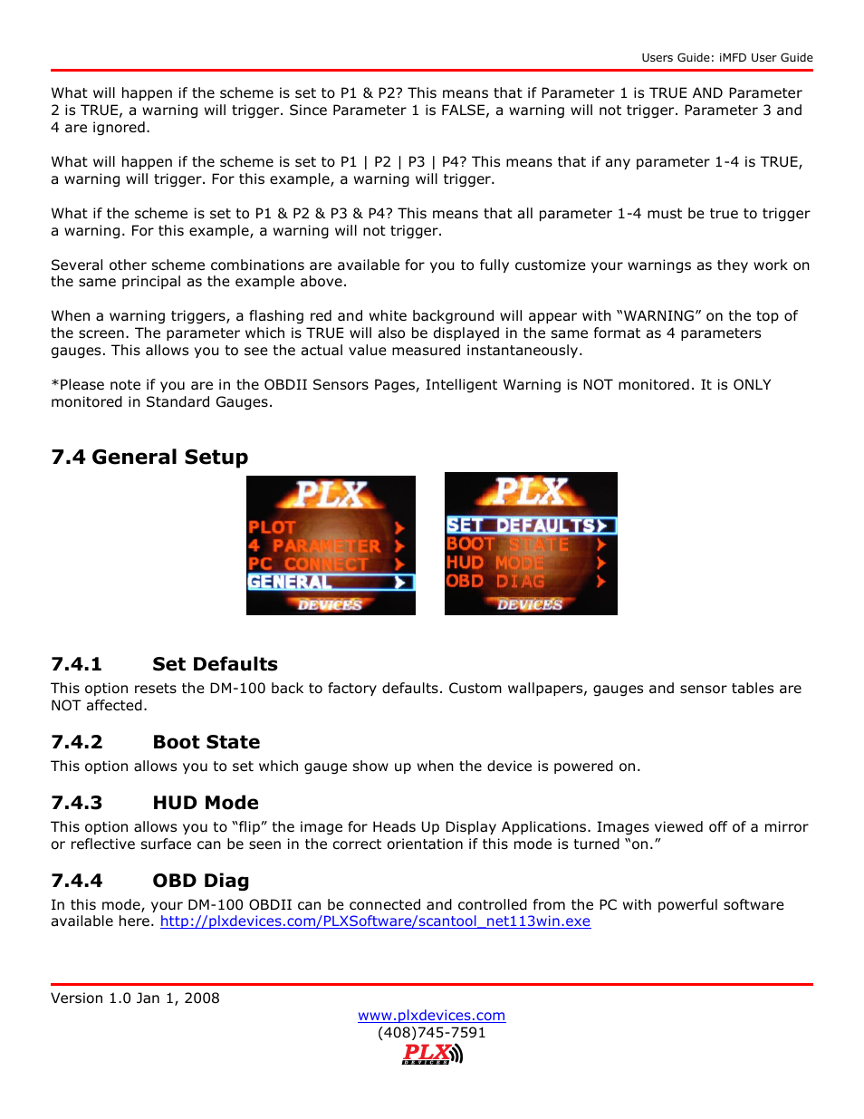 4 general setup, Set defaults, Boot state | Hud mode, Obd diag | PLX Devices DM-100 OBDII User Manual | Page 22 / 24