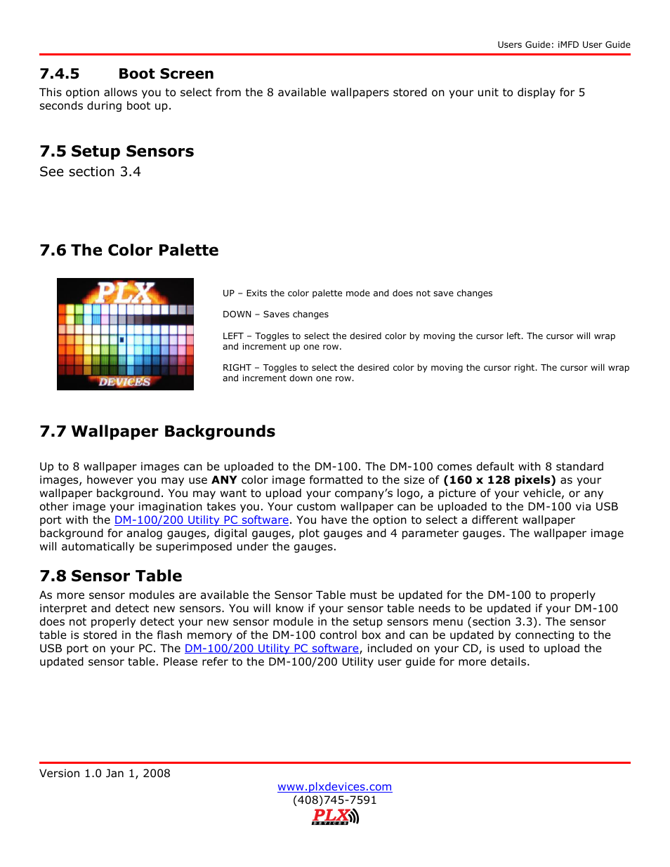 Boot screen, 5 setup sensors, 6 the color palette | 7 wallpaper backgrounds, 8 sensor table, 5 boot screen | PLX Devices DM-100 OBDII User Manual | Page 23 / 24