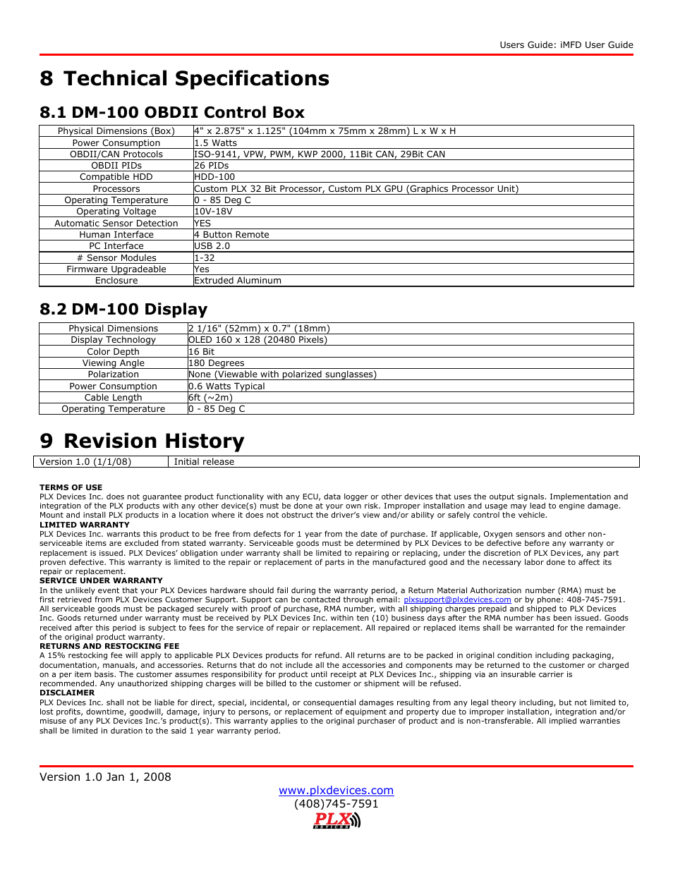 8 technical specifications, 1 dm-100 obdii control box, 2 dm-100 display | 9 revision history | PLX Devices DM-100 OBDII User Manual | Page 24 / 24