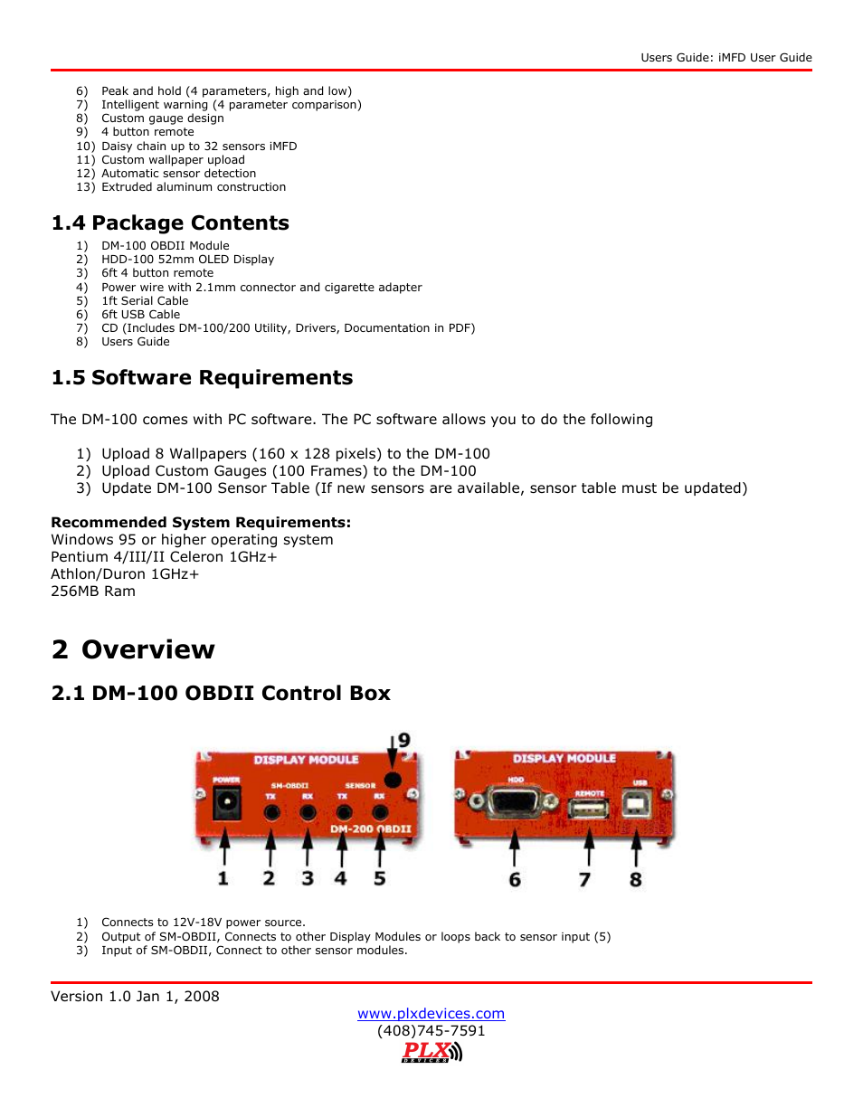 4 package contents, 5 software requirements, 2 overview | 1 dm-100 obdii control box | PLX Devices DM-100 OBDII User Manual | Page 6 / 24