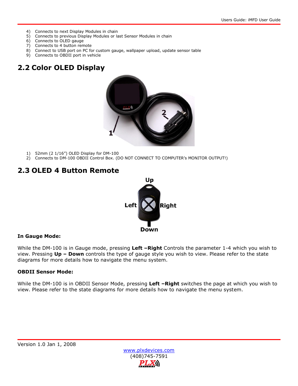 2 color oled display, 3 oled 4 button remote | PLX Devices DM-100 OBDII User Manual | Page 7 / 24