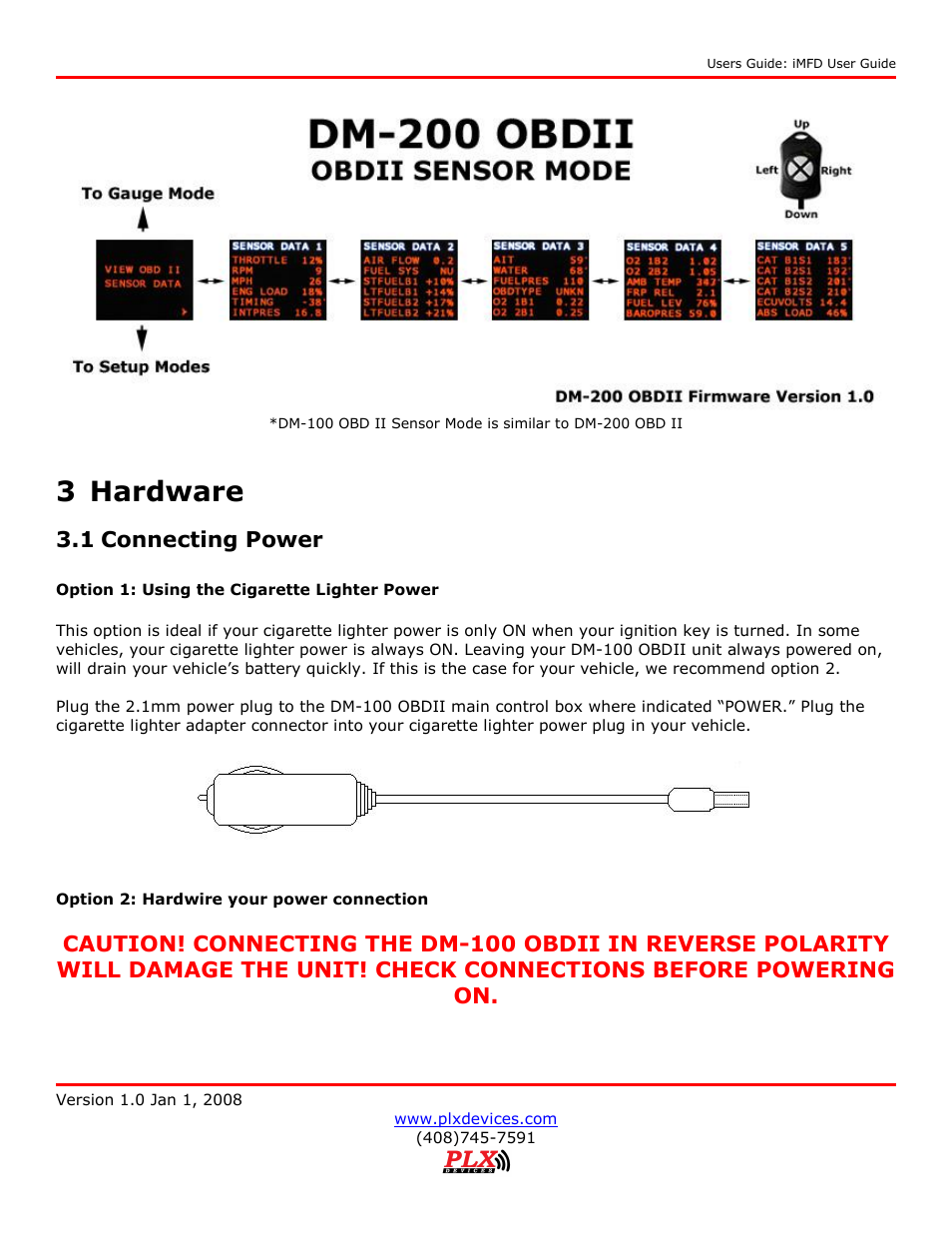 3 hardware, 1 connecting power | PLX Devices DM-100 OBDII User Manual | Page 9 / 24