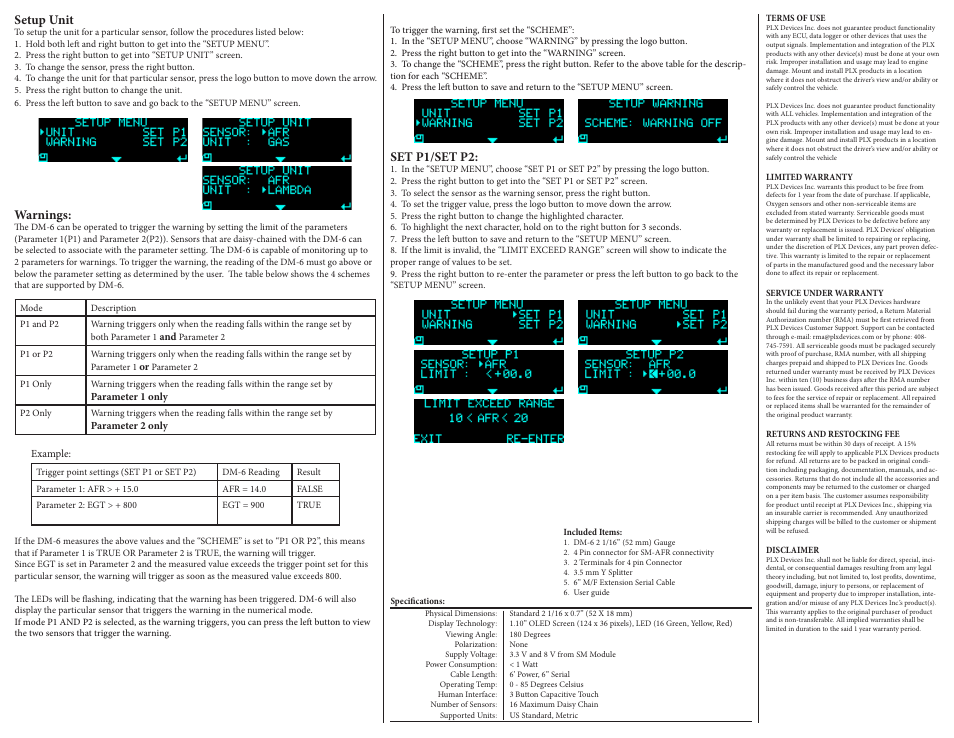 Setup unit, Warnings, Set p1/set p2 | PLX Devices DM-6 User Manual | Page 2 / 2