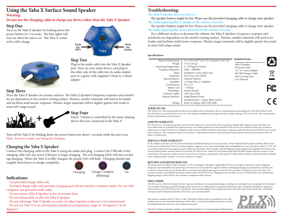 PLX Devices Yaba X Speaker User Manual | 1 page