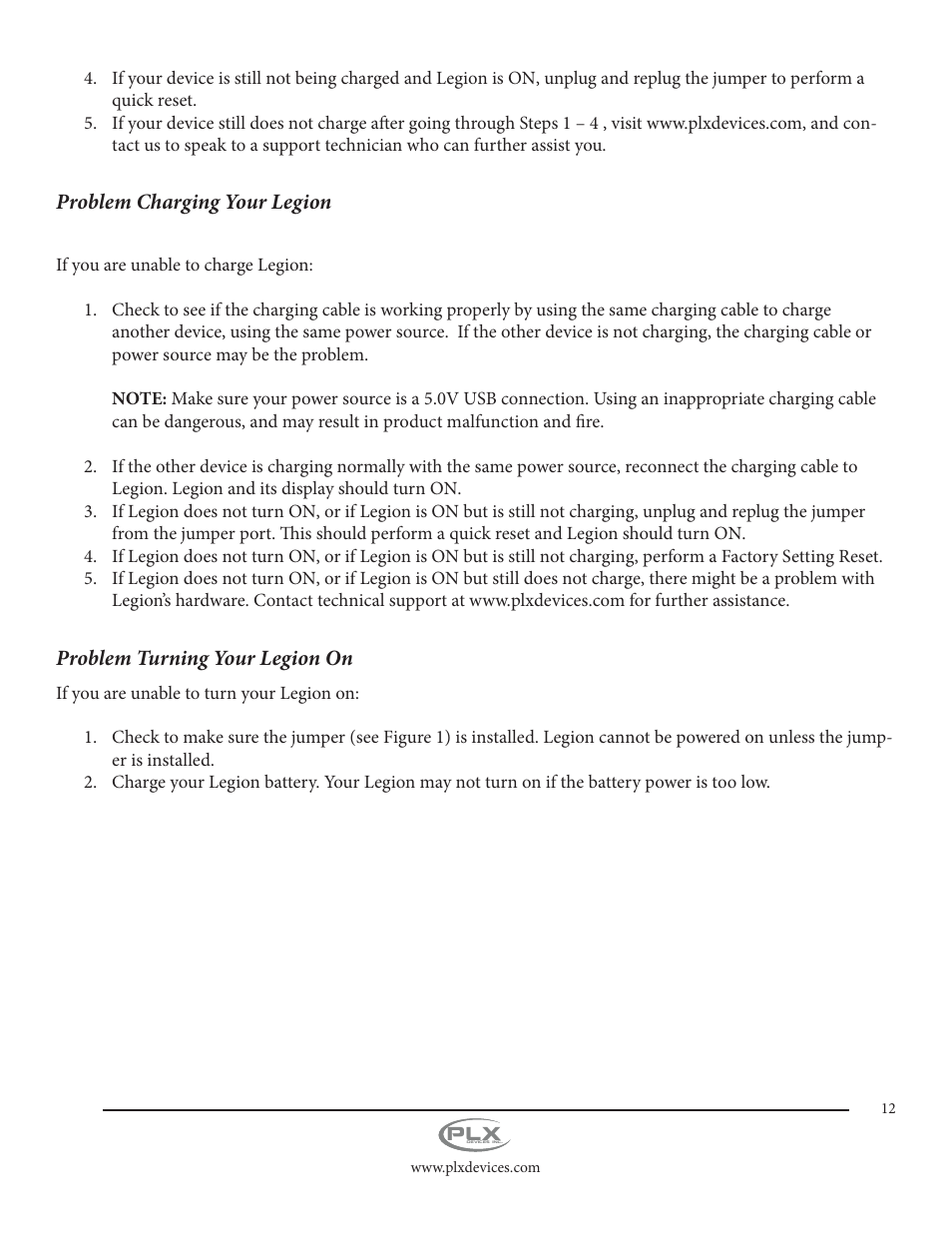 Problem charging your legion, Problem turning your legion on | PLX Devices Legion 5,500 mAh User Manual | Page 12 / 14