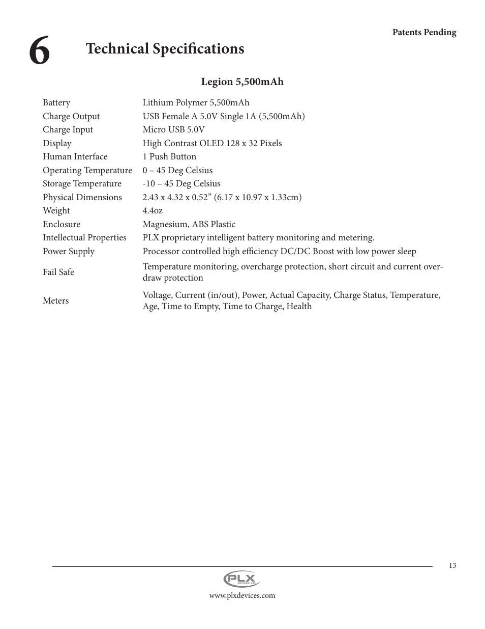 Technical specifications | PLX Devices Legion 5,500 mAh User Manual | Page 13 / 14