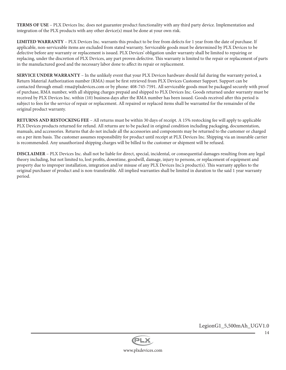 PLX Devices Legion 5,500 mAh User Manual | Page 14 / 14