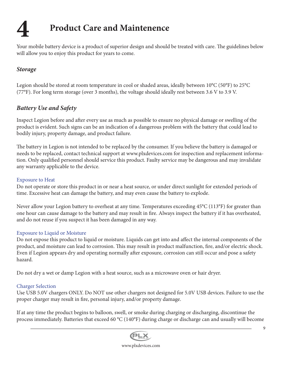 Product care and maintenence | PLX Devices Legion 5,500 mAh User Manual | Page 9 / 14