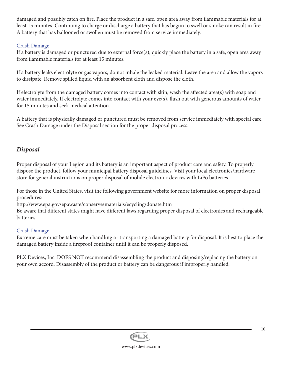 Disposal | PLX Devices Legion Gen2 11,000 mAh User Manual | Page 10 / 14