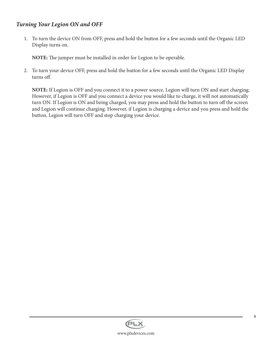 Turning your legion on and off | PLX Devices Legion Gen2 11,000 mAh User Manual | Page 8 / 14