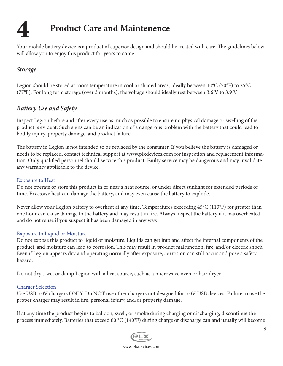 Product care and maintenence | PLX Devices Legion Gen2 11,000 mAh User Manual | Page 9 / 14