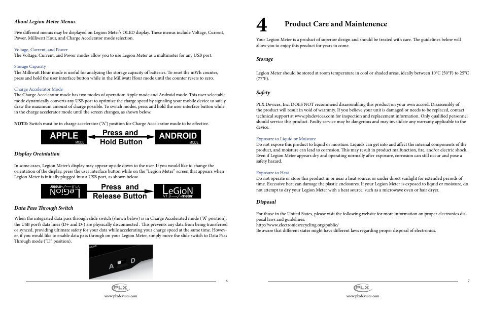 Product care and maintenence | PLX Devices Legion Meter User Manual | Page 4 / 5