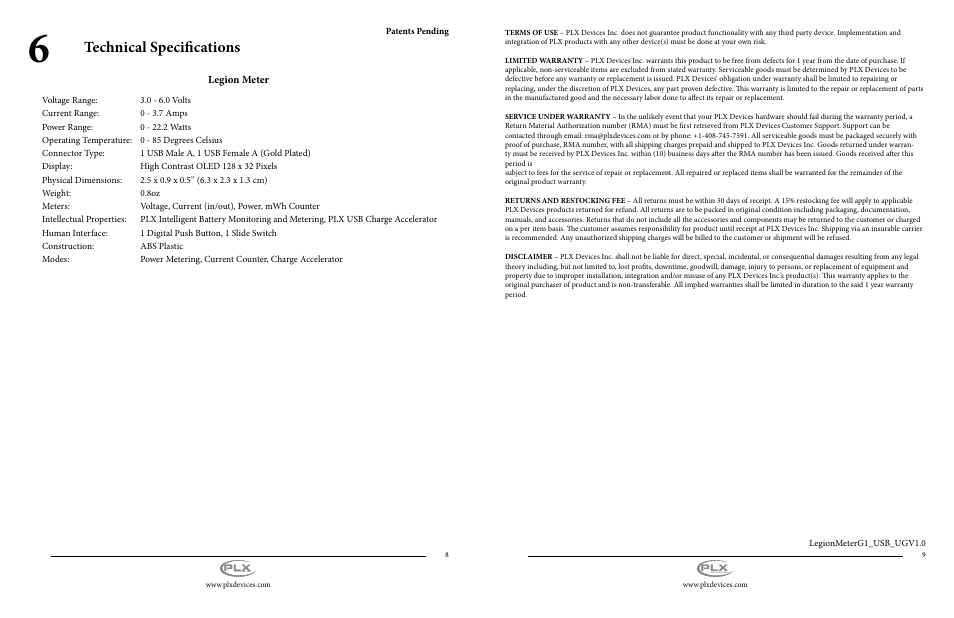 Technical specifications, Legion meter | PLX Devices Legion Meter User Manual | Page 5 / 5