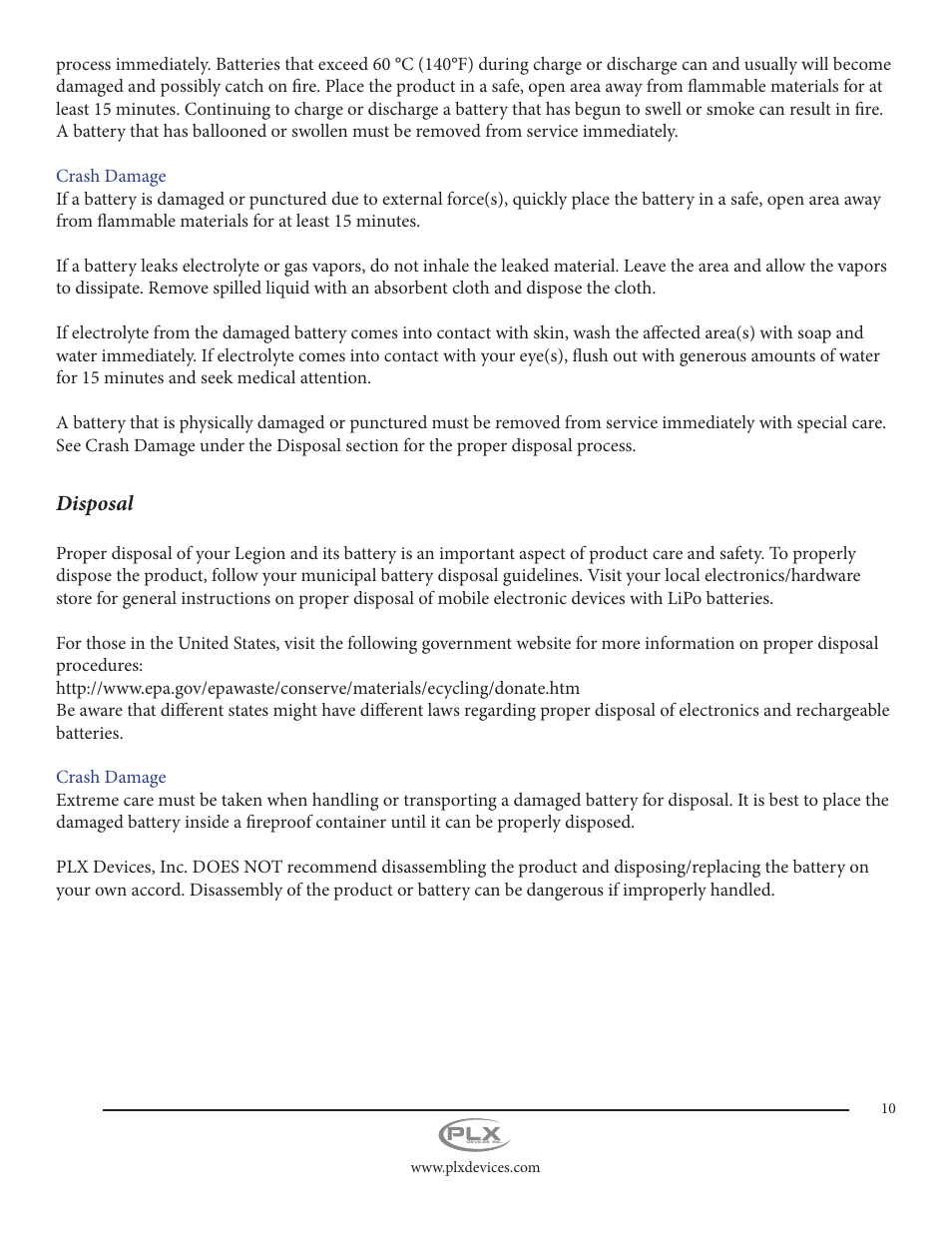 Disposal | PLX Devices Legion Gen1 11,000 mAh User Manual | Page 10 / 14