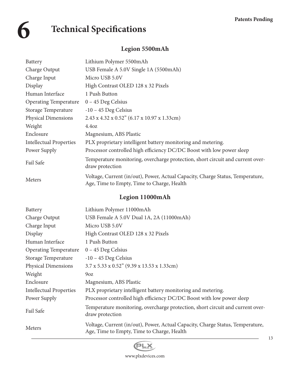 Technical specifications | PLX Devices Legion Gen1 11,000 mAh User Manual | Page 13 / 14