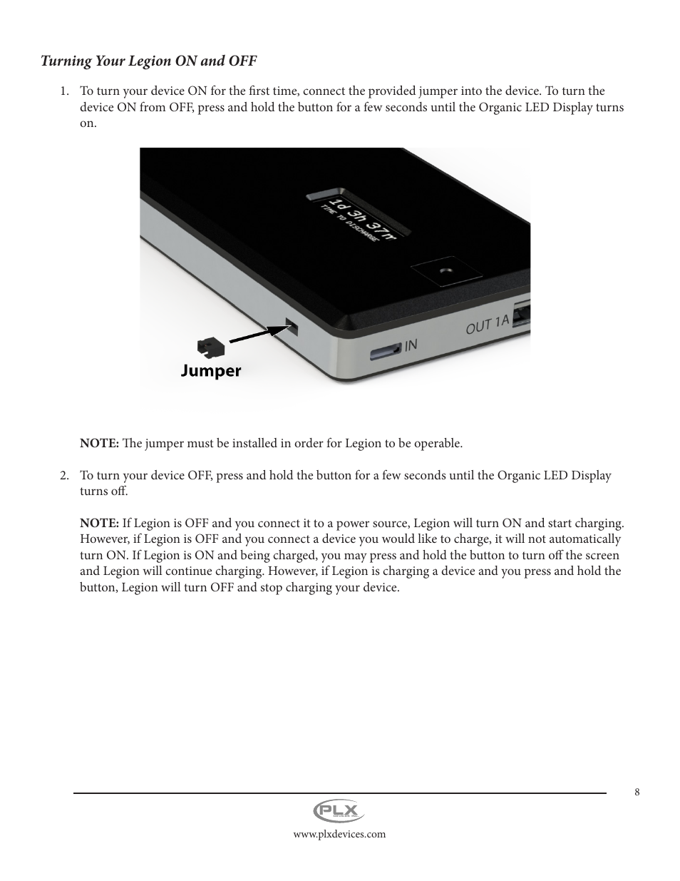Turning your legion on and off | PLX Devices Legion Gen1 11,000 mAh User Manual | Page 8 / 14