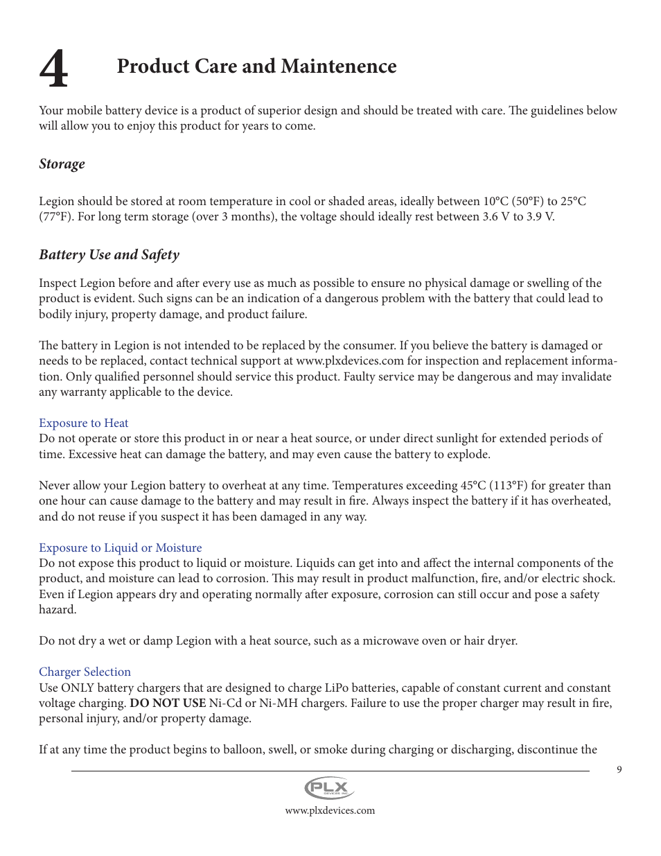 Product care and maintenence | PLX Devices Legion Gen1 11,000 mAh User Manual | Page 9 / 14