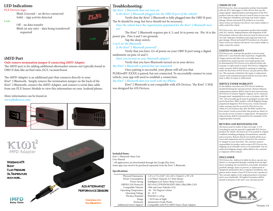 Troubleshooting, Imfd port, Led indications | PLX Devices Kiwi 2 Bluetooth User Manual | Page 2 / 2