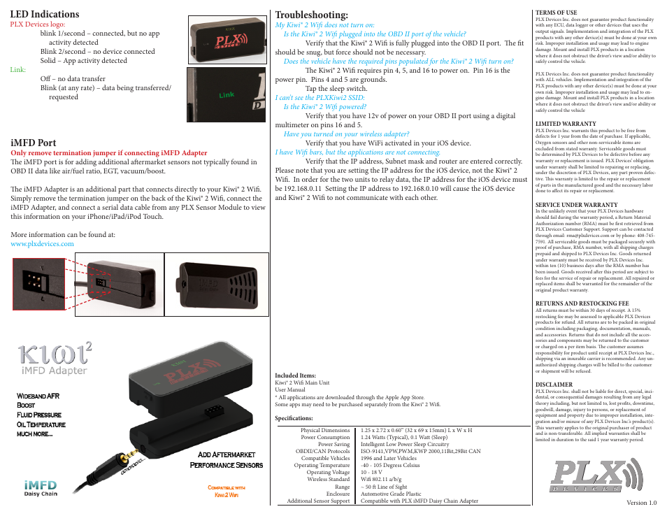 Troubleshooting, Imfd port, Led indications | PLX Devices Kiwi 2 Wi-Fi User Manual | Page 2 / 2
