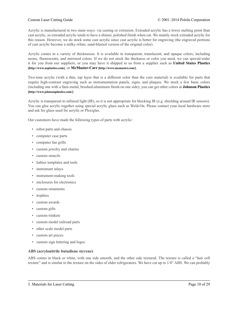 Abs (acrylonitrile butadiene styrene) | Pololu Custom Laser User Manual | Page 10 / 29