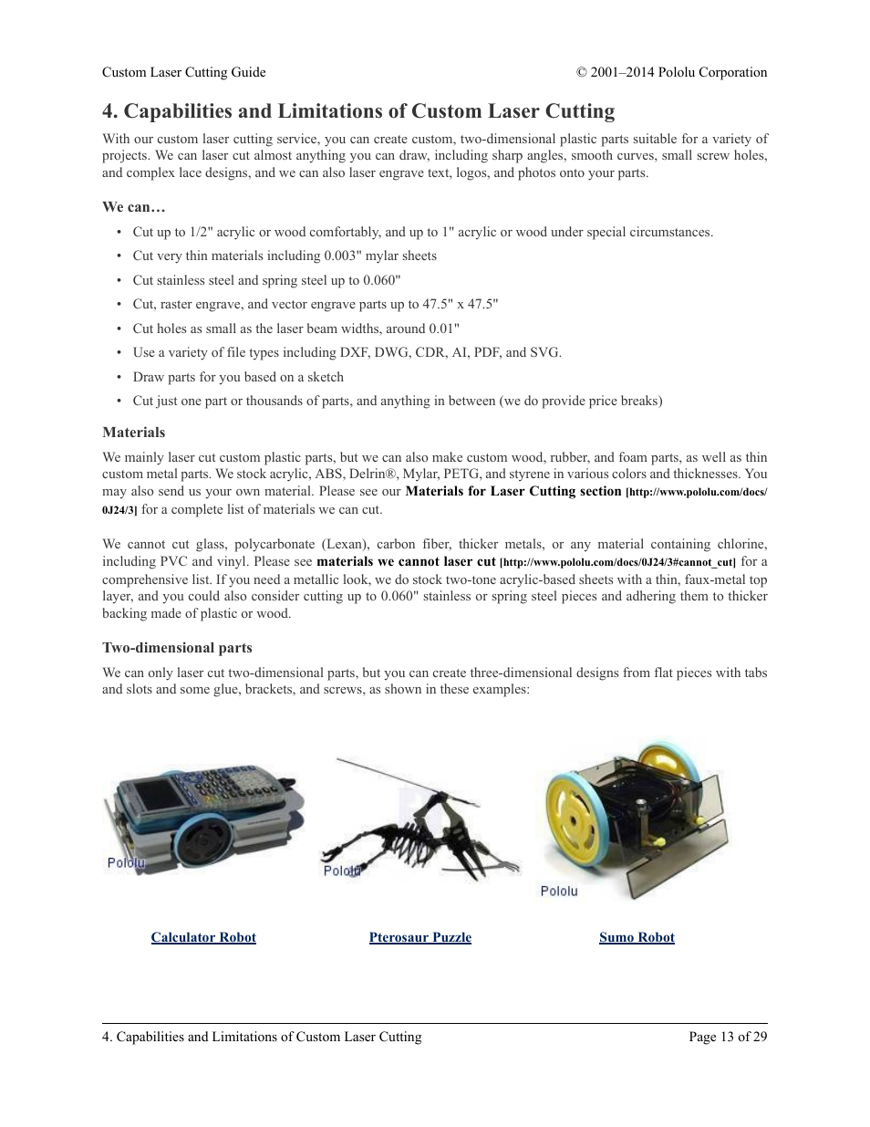We can, Materials, Two-dimensional parts | Pololu Custom Laser User Manual | Page 13 / 29