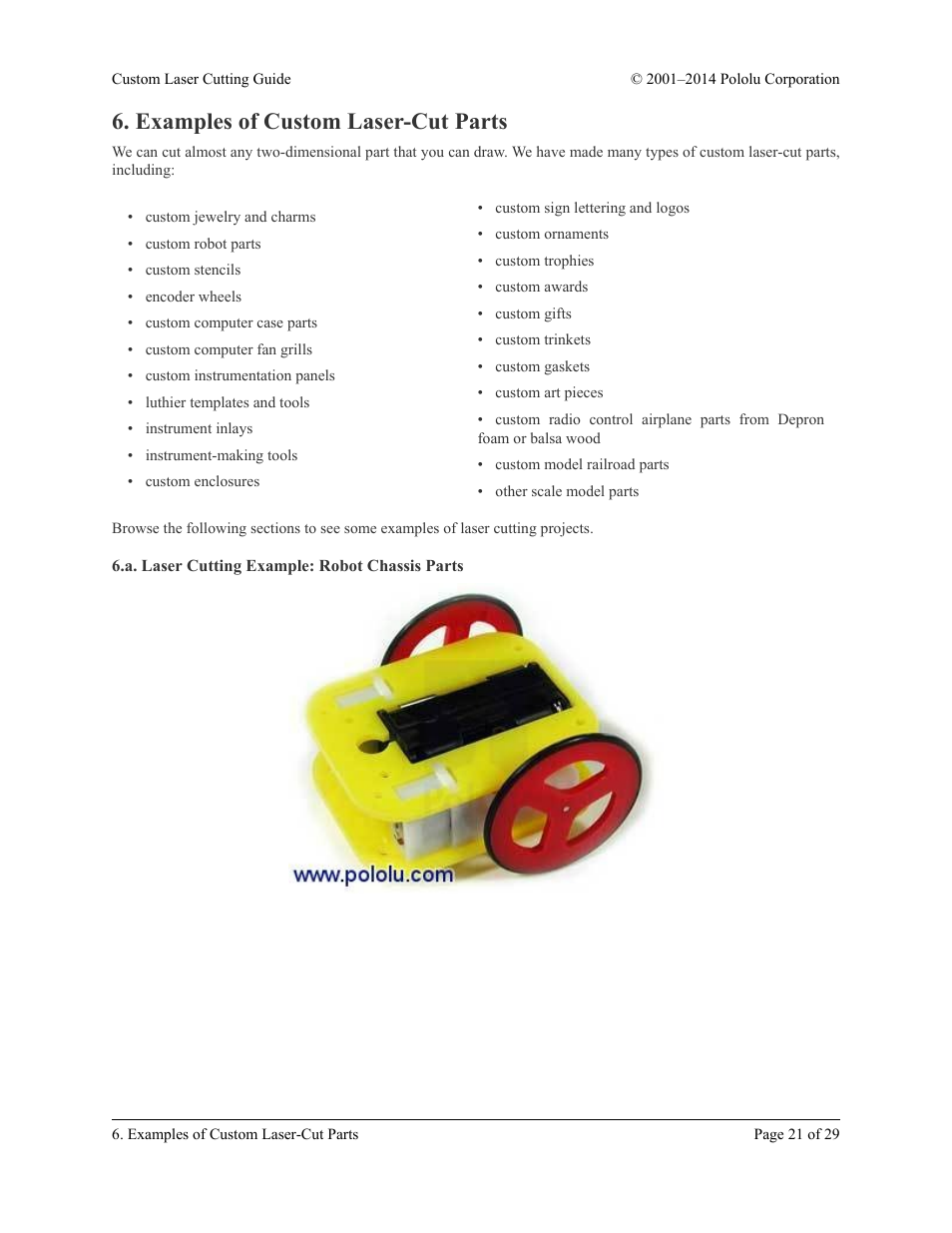 Examples of custom laser-cut parts, A. laser cutting example: robot chassis parts | Pololu Custom Laser User Manual | Page 21 / 29