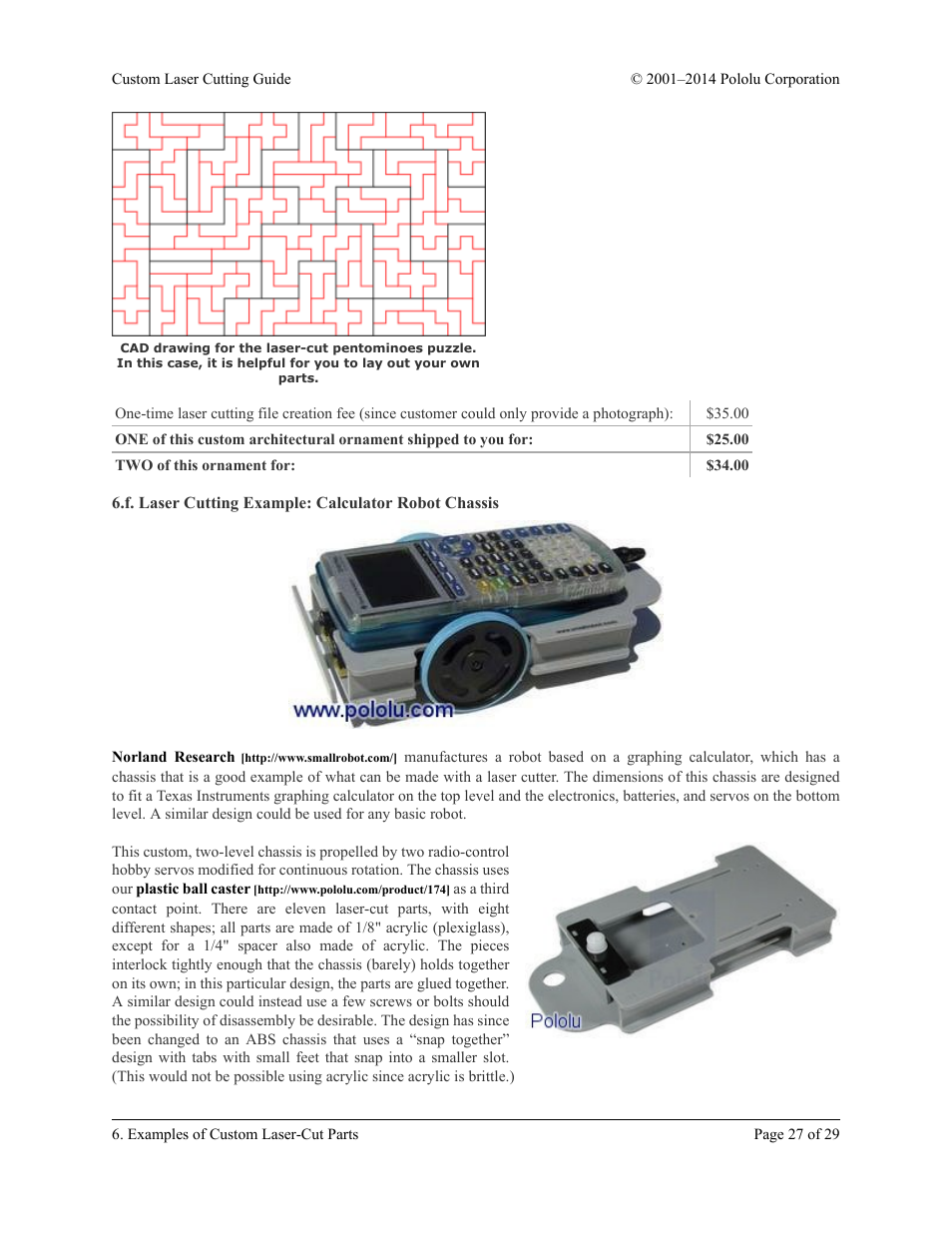 F. laser cutting example: calculator robot chassis | Pololu Custom Laser User Manual | Page 27 / 29