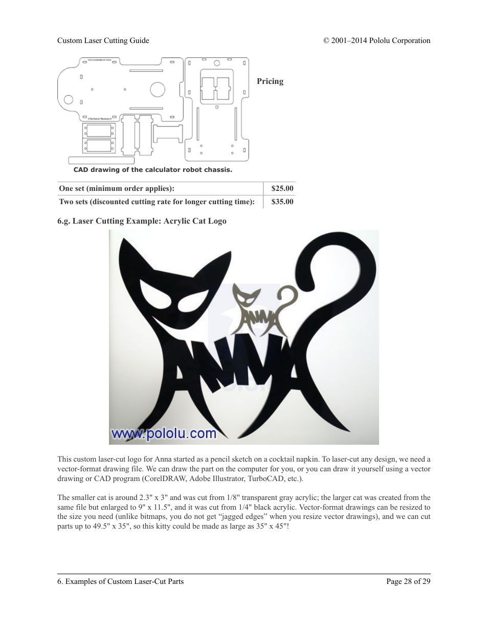 Pricing, G. laser cutting example: acrylic cat logo | Pololu Custom Laser User Manual | Page 28 / 29