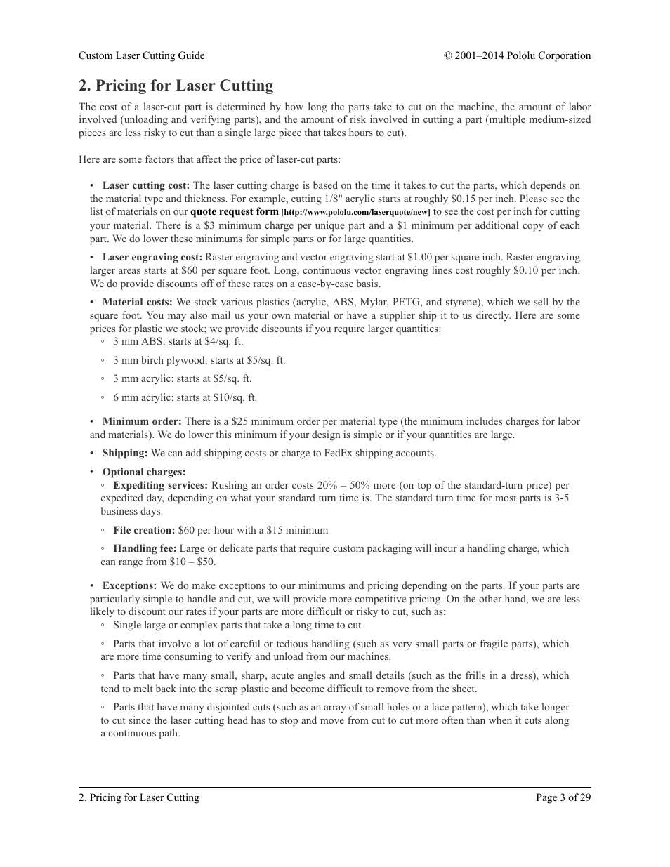 Pricing for laser cutting | Pololu Custom Laser User Manual | Page 3 / 29