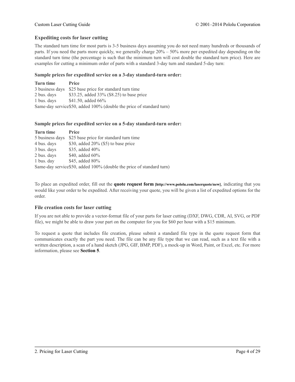 Expediting costs for laser cutting, File creation costs for laser cutting | Pololu Custom Laser User Manual | Page 4 / 29