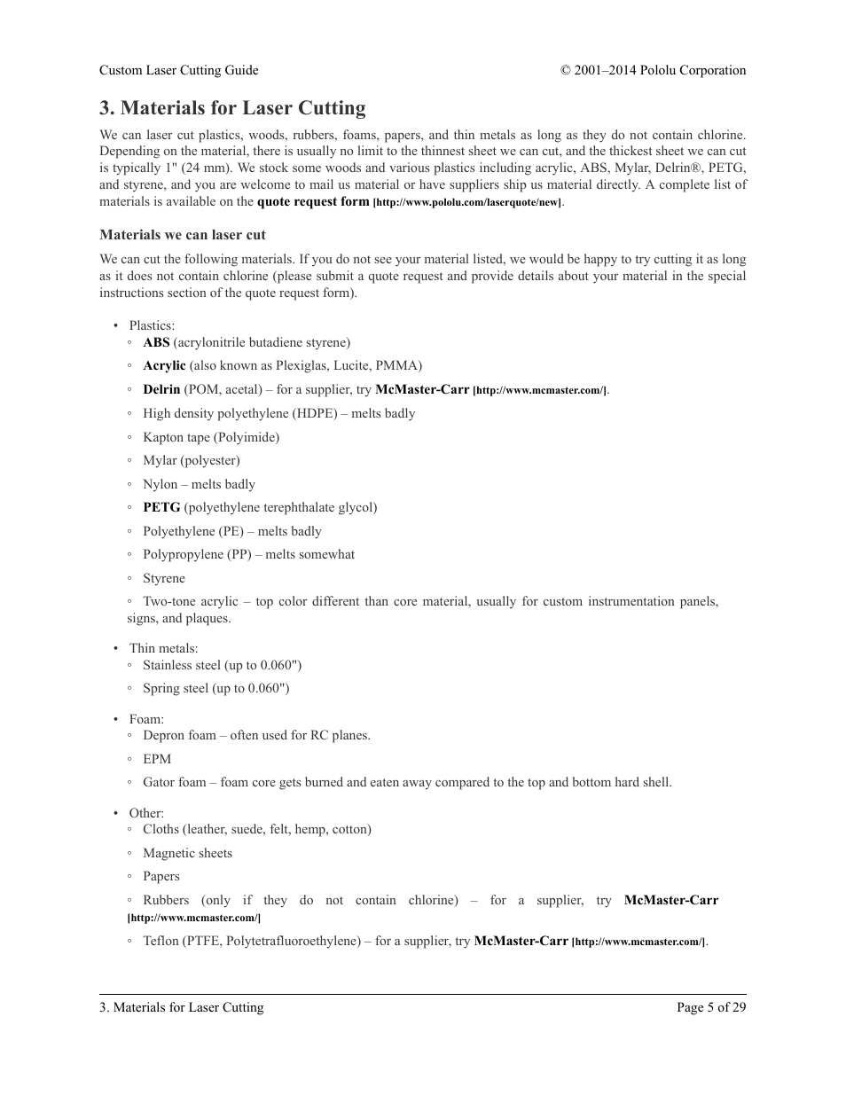Materials for laser cutting, Materials we can laser cut | Pololu Custom Laser User Manual | Page 5 / 29