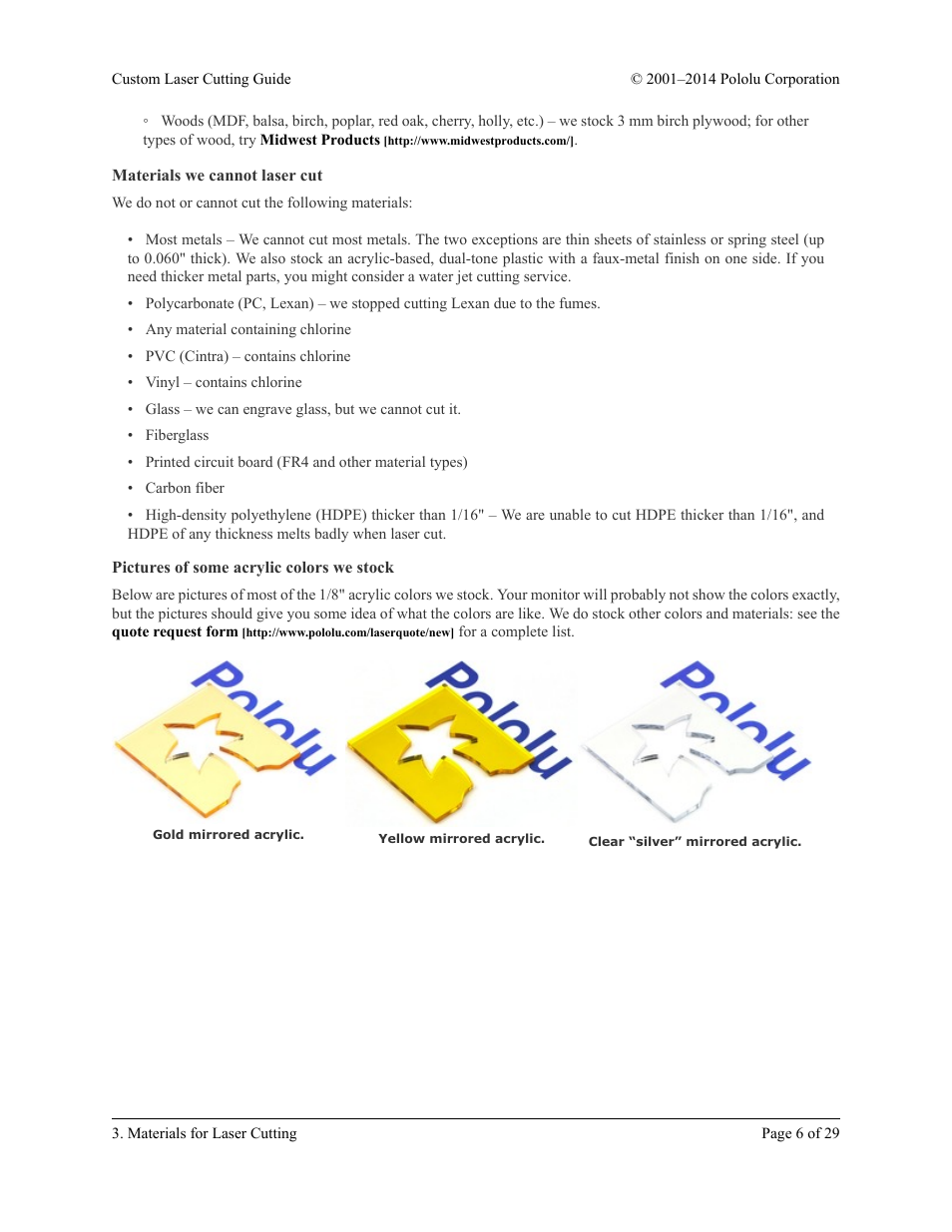 Materials we cannot laser cut, Pictures of some acrylic colors we stock | Pololu Custom Laser User Manual | Page 6 / 29
