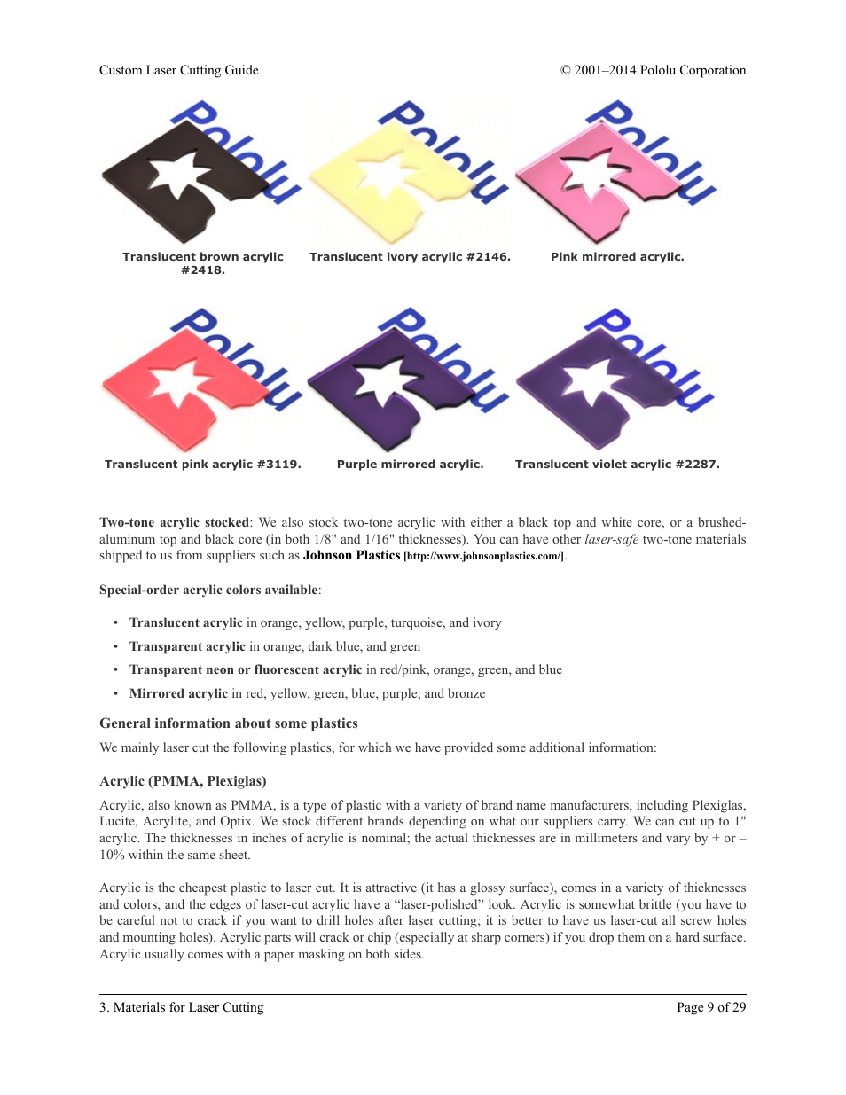General information about some plastics, Acrylic (pmma, plexiglas) | Pololu Custom Laser User Manual | Page 9 / 29