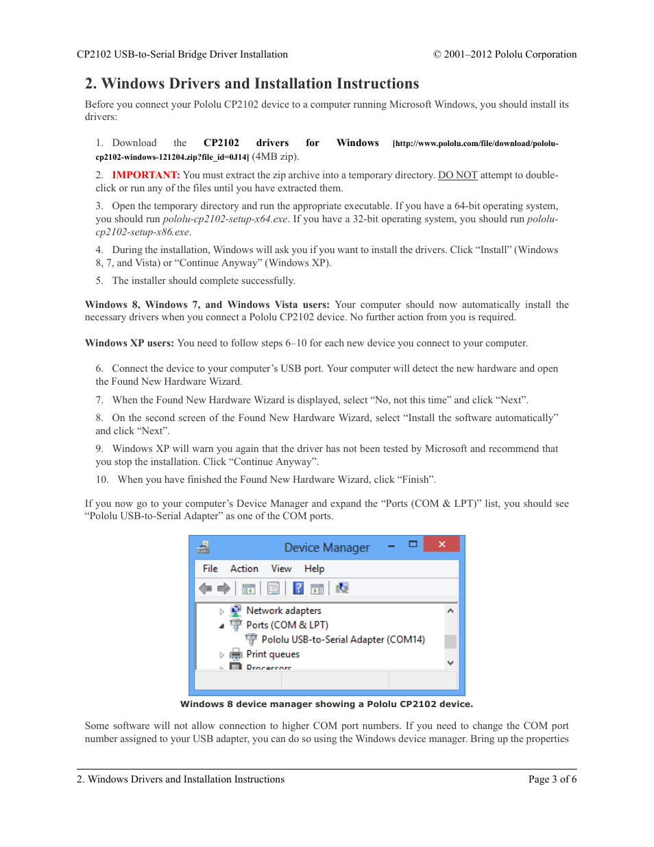 Windows drivers and installation instructions | Pololu CP2102 User Manual | Page 3 / 6