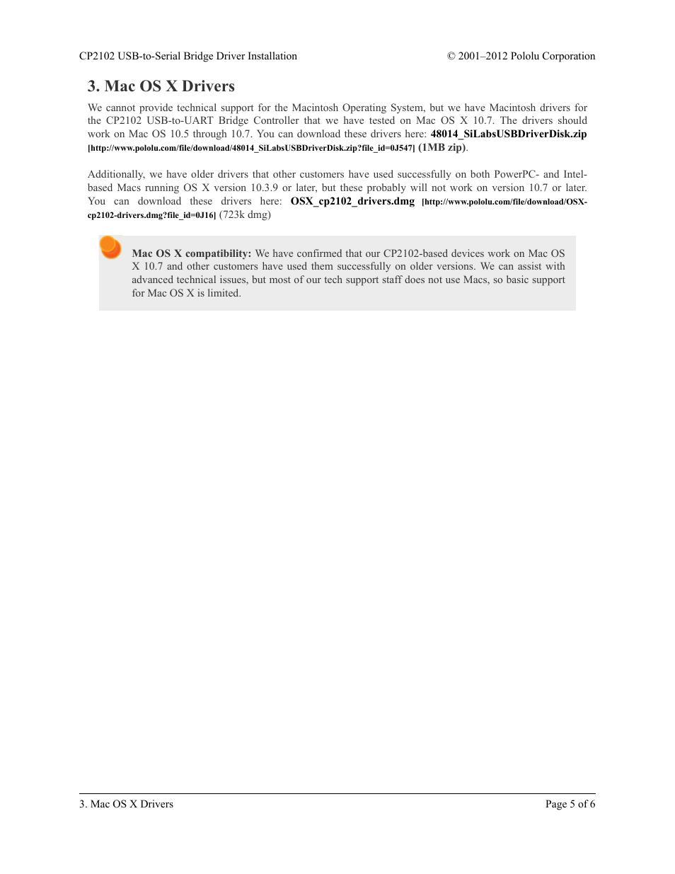 Mac os x drivers | Pololu CP2102 User Manual | Page 5 / 6