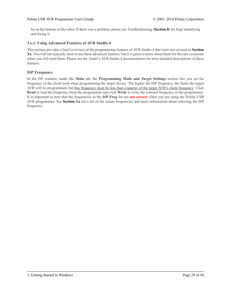 C.1. using advanced features of avr studio 4, Isp frequency | Pololu USB AVR User Manual | Page 29 / 54