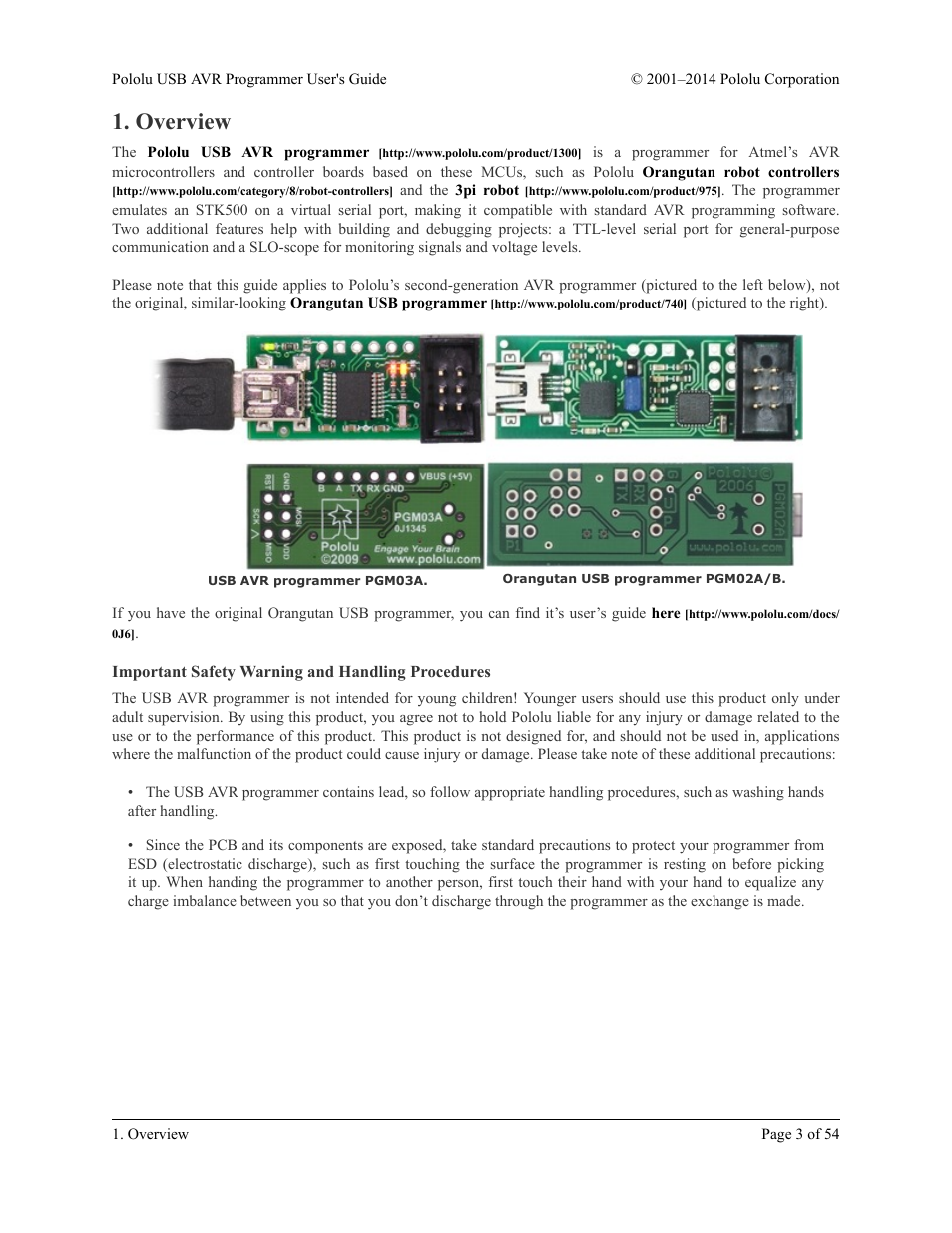 Overview, Important safety warning and handling procedures | Pololu USB AVR User Manual | Page 3 / 54