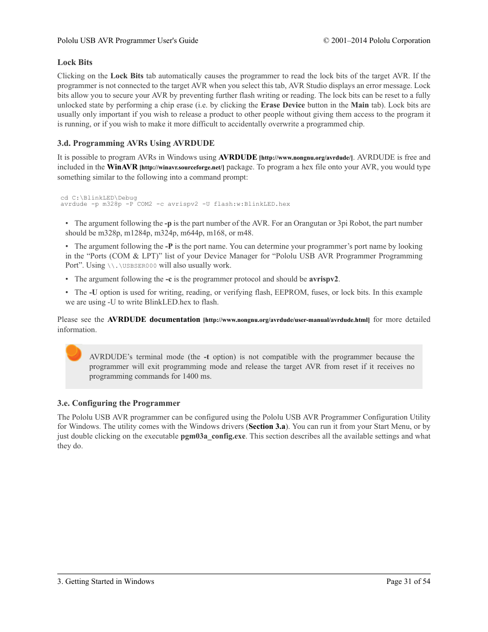 Lock bits, D. programming avrs using avrdude, E. configuring the programmer | Section 3.e | Pololu USB AVR User Manual | Page 31 / 54