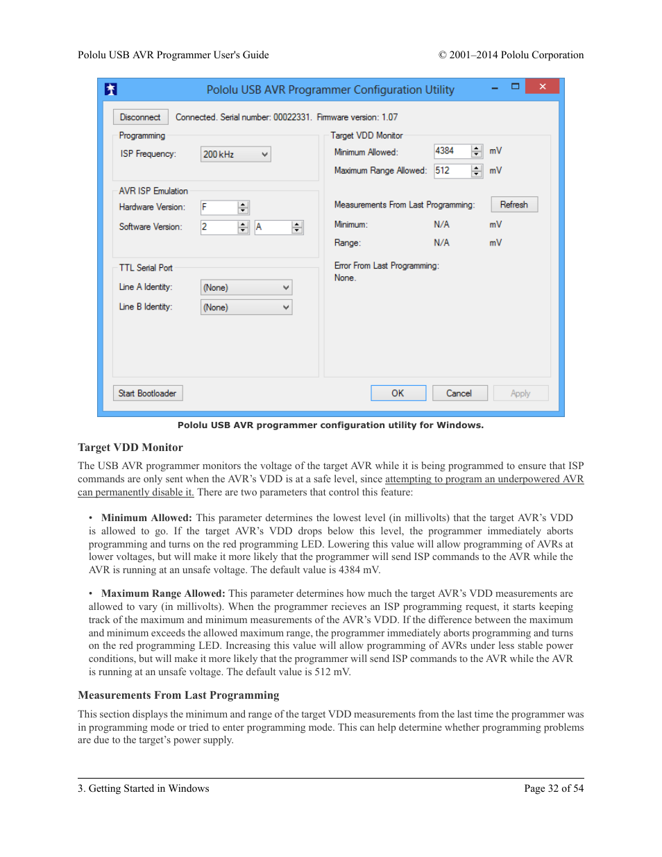 Target vdd monitor, Measurements from last programming | Pololu USB AVR User Manual | Page 32 / 54