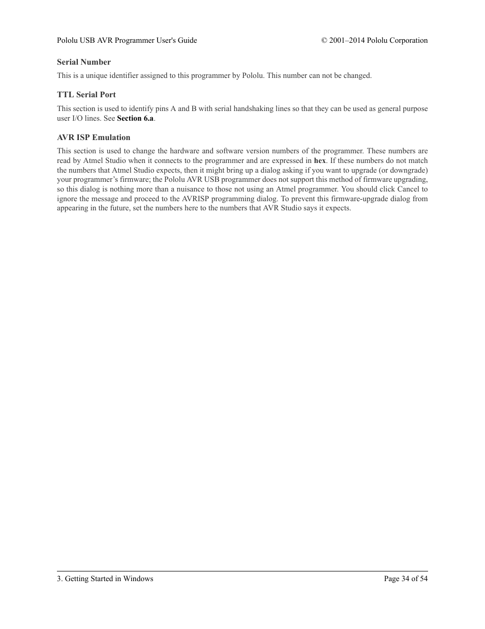 Serial number, Ttl serial port, Avr isp emulation | Pololu USB AVR User Manual | Page 34 / 54