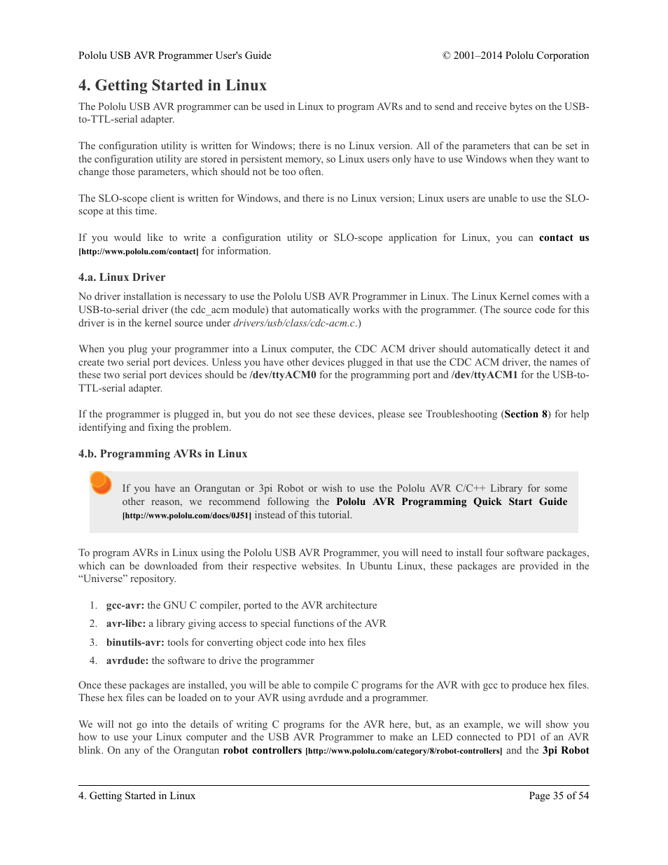 Getting started in linux, A. linux driver, B. programming avrs in linux | A. linux driver 4.b. programming avrs in linux | Pololu USB AVR User Manual | Page 35 / 54